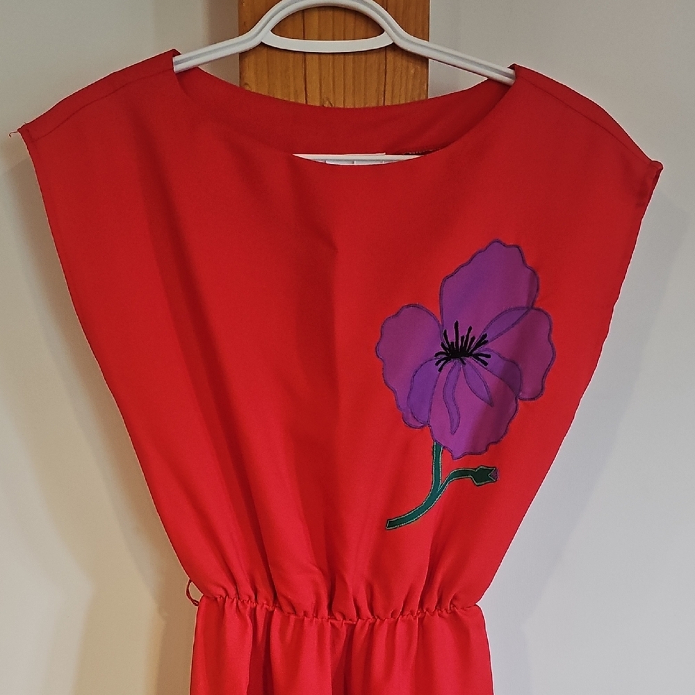 Vintage 70s Red Dress with Purple Flower Detail